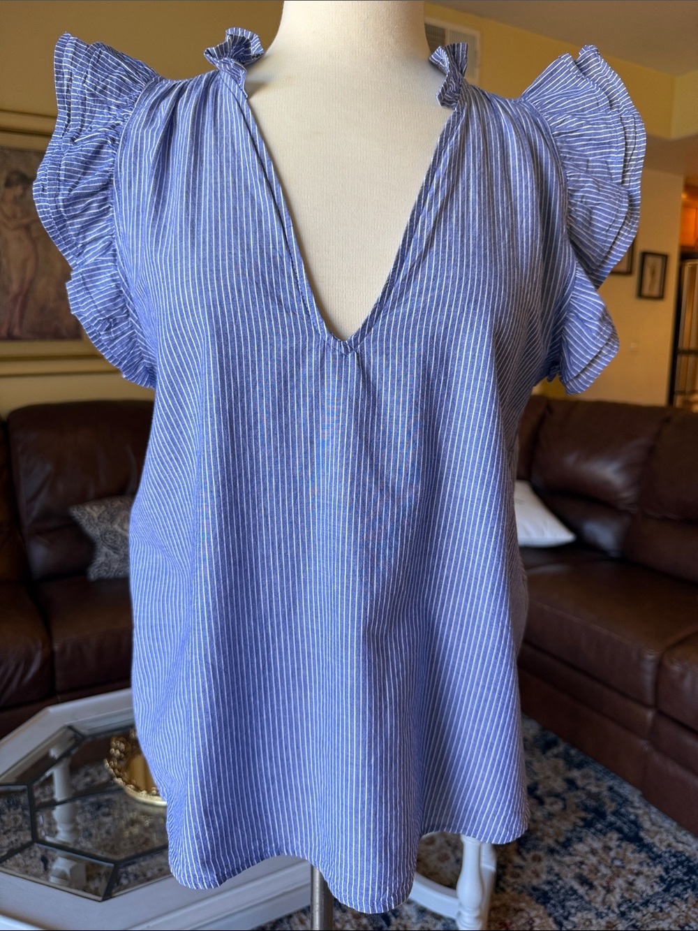 H&M Ruffle Sleeve Blue Stripe V-Neck Blouse